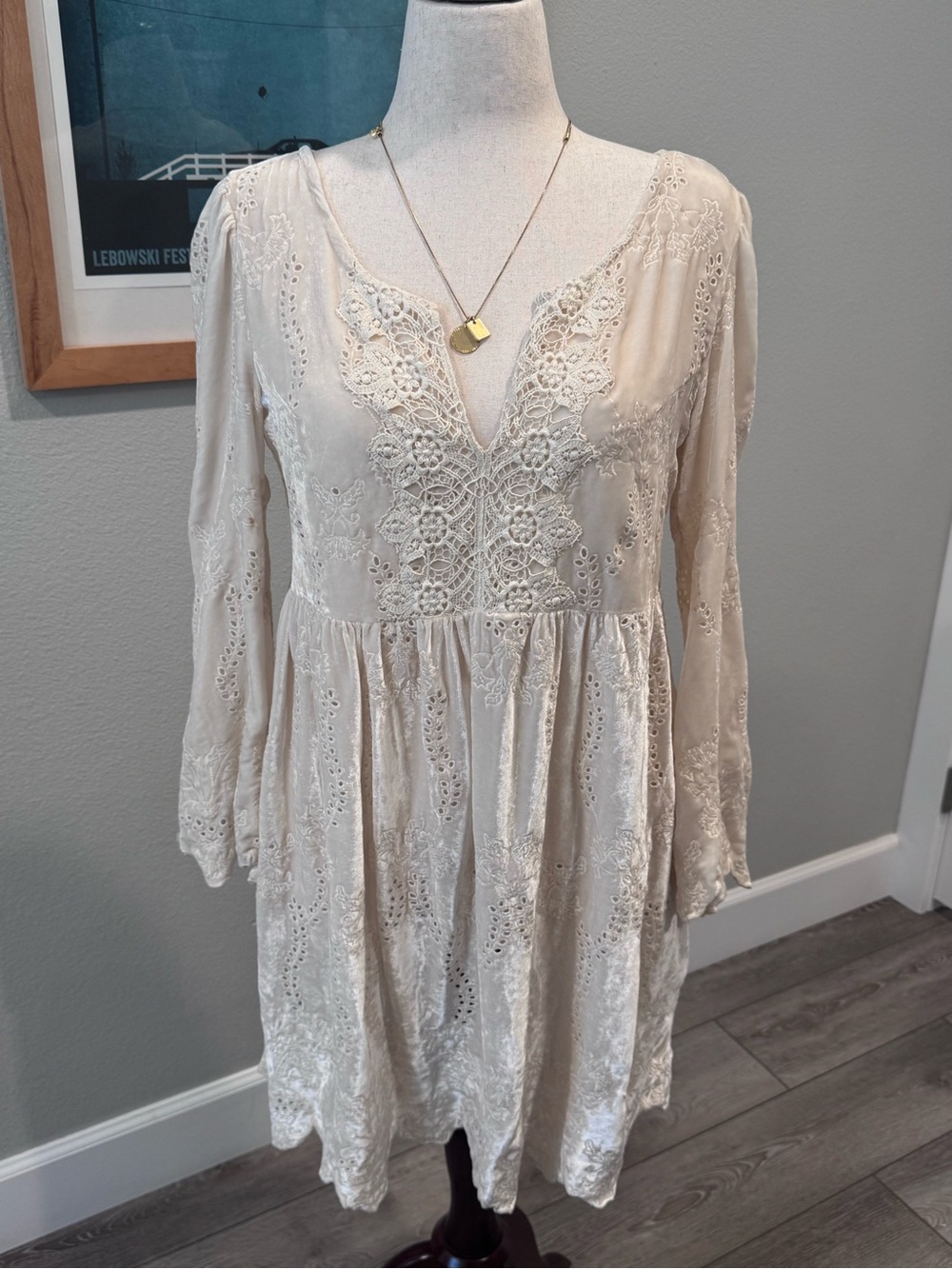 Johnny Was Velvet Cream Lace Eyelet Embroidered Babydoll Dress Size Medium